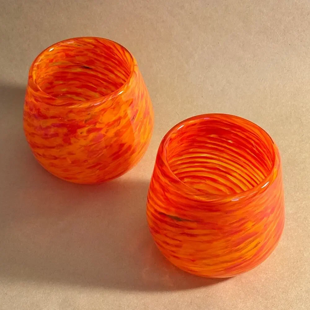 Orange Swirl Art Glass Cups Set of 2, Handblown, Halloween Fall Decor